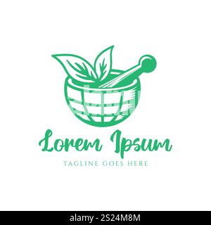Half Globe World Global Green Mortar and Pestle with Leaf Leaves for Herbal Medicine Logo Design Vector Stock Vector