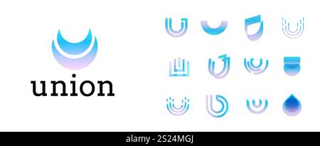 Modern gradient logos with blue and purple hues symbolizing unity, innovation, collaboration. Logo set for branding, tech companies, or community Stock Vector