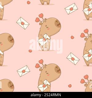 Seamless pattern with Cute romantic cartoon capybara with love letter on pink background. Vector illustration. Ornament template valentine Stock Vector