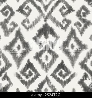 Watercolor boho style ikat ornate seamless pattern. Black grey color elements on white background. Watercolour hand drawn abstract texture. Print for Stock Photo