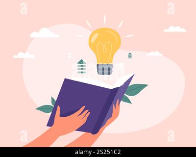 Knowledge book idea. Books publication scientific discovery concept, reading education read learning creativity inspiration discover light bulb new solution vector illustration original artwork Stock Vector