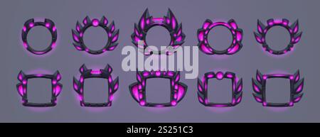 Avatar tech frames. Futuristic game sci fi borders, cyber technology ui asset hud elements user level rank frame space gaming neon badge cartoon icon set swanky vector illustration original artwork Stock Vector