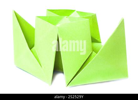 origami figure of green double-pipe steamboat (isolated on white) Stock Photo