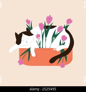 Cute sleeping tuxedo cat in a planter filled with blooming tulips in flat style. Perfect for spring design, calendar, postcard. Isolated on a beige Stock Vector