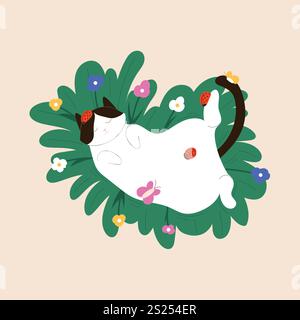 Tuxedo cat relaxing on grass surrounded by colorful flowers, ladybugs and butterfly in flat style. Perfect for spring, summer, nature and children Stock Vector