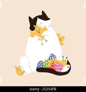 Cute tuxedo cat cuddling yellow chicks and surrounded by colorful Easter eggs in flat style. Perfect for spring, Easter themed design and holiday Stock Vector