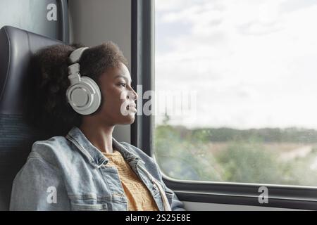 African American young woman traveling by train, enjoying her trip while looking at beautiful landscapes through the window. Stock Photo