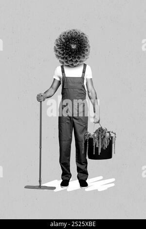Composite collage photo of young headless worker housecleener gardener man hold swabber with bucket flowers isolated on blue color background Stock Photo