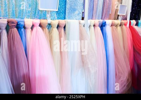 Organza fabrics in a textile store Stock Photo