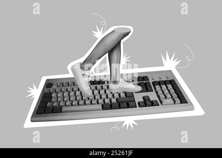 Collage photo creative artwork designed promo advertisement legs walking orange computer keyboard buttons isolated over blue color background Stock Photo