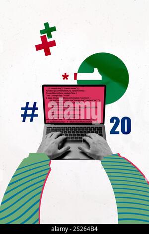 Vertical sketch 3d artwork collage poster of freelancer hands type remote laptop digital code hacking developer software app Stock Photo