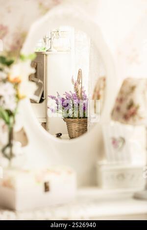 Closeup photo of bunch of lavender reflecting in provance styled mirror Stock Photo