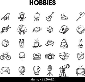 Illustration of multiple hobbies including fishing, cooking, painting, music, and more Stock Vector