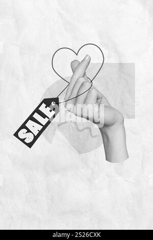 Creative photo 3d collage artwork poster postcard of human arm make heart symbol like low price shopping isolated on painting background Stock Photo