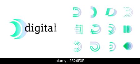Collection of abstract gradient logos in green and blue tones, symbolizing technology, innovation, and digital connectivity. Logo set for branding in Stock Vector