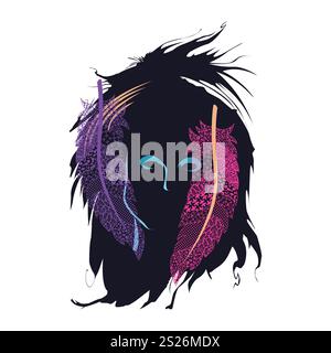 T-shirt design with the head of a rocker on a white background and colored feathers. Glam rock poster. Stock Vector