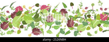 Mix of salad leaves. Cartoon set of green red raw leaves seamless pattern. Arugula, spinach, lettuce leaf, watercress. Organic vitamin ingredients for Stock Vector