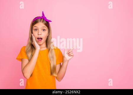 Closeup copyspace photo of kind friendly nice girlfriend showing emptiness to you while isolated with pink background Stock Photo