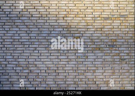 A weathered brick wall displays a uniform pattern with subtle variations in color. The soft natural light highlights the textures and imperfections, c Stock Photo