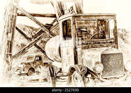 An old truck is parked next to a pile of dirt. The truck is old and rusted, and it is abandoned. The scene has a sense of decay and neglect, with the Stock Photo