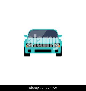 Pixelated sports car icon in front view. Retro pixel art sports car simple detailing vehicle retro design icon Stock Vector
