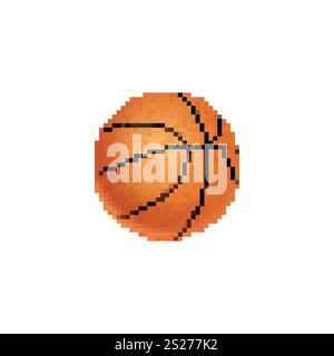 Basketball icon in pixel art style on white background. Classic orange basketball with black lines in retro design. Stock Vector