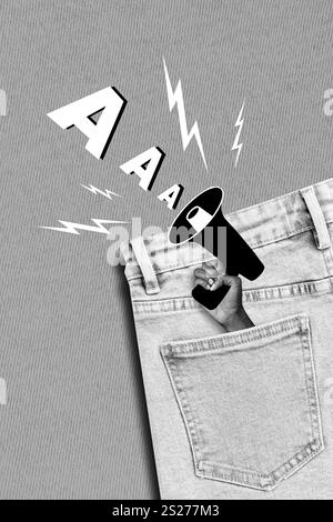 Vertical collage image of black white gamma big arm fist punch jumping running mini guy isolated on drawing background Stock Photo