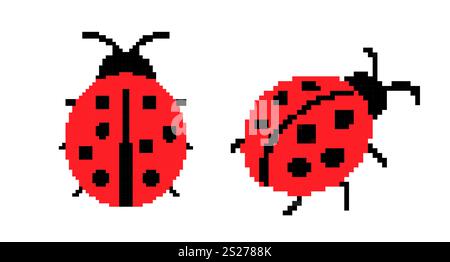 Pixelated ladybug. Simple pixel art red ladybug with black spots and antennae. Stock Vector