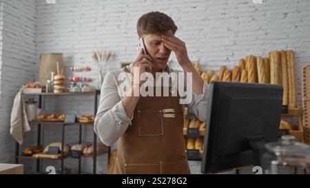 Young man working in a bakery looking stressed while speaking on the phone and standing in front of a computer Stock Photo