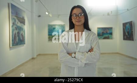 Young chinese woman in glasses standing confidently in an art gallery room with arms crossed in front of various paintings hanging on the walls Stock Photo