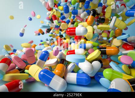 Many colorful pills and capsules falling on white background. 3d render Stock Photo