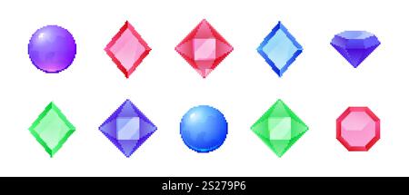 Pixel gemstone set. Vibrant jewels retro-style pixel diamond ruby design sapphire. Stock Vector