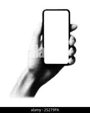 Halftone hand holding smartphone blank screen. Black and white dotted design phone in hand mobile technology minimal isolated digital concept Stock Vector