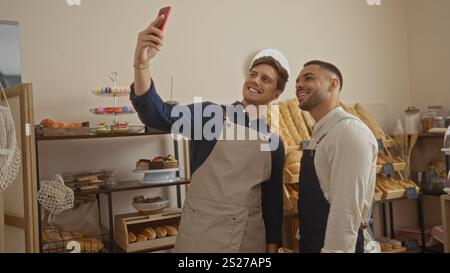 Men taking a selfie in a bakery, wearing aprons, and smiling while standing in front of shelves full of bread and pastries Stock Photo