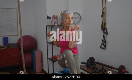 Mature woman exercising in gym wearing pink top and patterned leggings with grey hair and tattoos using fitness equipment surrounded by colorful balls Stock Photo