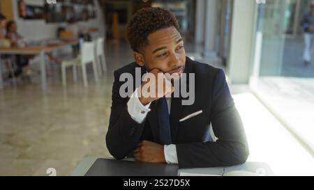Young man in business suit sitting at a desk in a bright office, with a thoughtful expression, showcasing a modern workplace environment Stock Photo