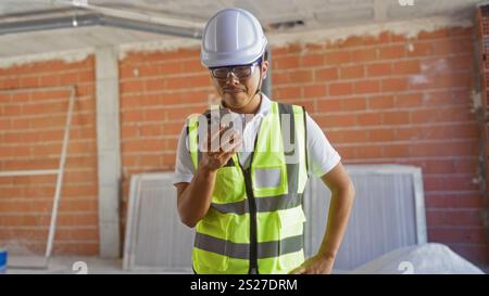 Young man in safety vest and helmet at construction site looking at smartphone screen indoors Stock Photo