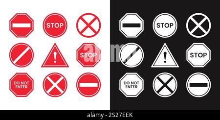 Set of Stop street icon collection. Stop hand sign with text. Red stop sign. Vector Illustration. Stock Vector