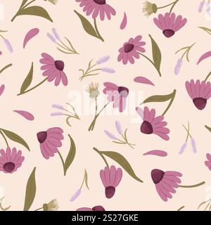 Seamless vector pattern elegant dainty florals on cream white, Purple coneflower repeat textile. Vector illustration Stock Vector