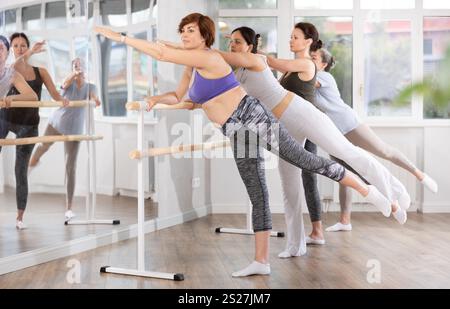 Group of women beginners practicing at ballet barre Stock Photo