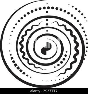 Abstract halftone circle, clockwise spiral, stylized round shape, Trypillian culture symbol, vector black line sign, outline monochrome illustration Stock Vector