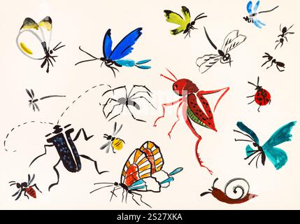 training drawing in suibokuga sumi-e style with watercolor paints - various insects hand painted on cream colored paper Stock Photo