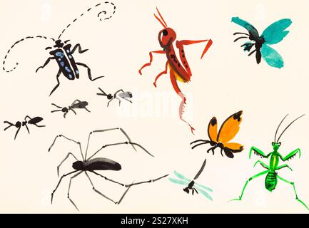 training drawing in suibokuga sumi-e style with watercolor paints - many insects hand painted on cream colored paper Stock Photo