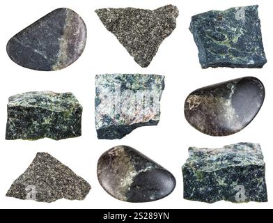 collection of natural mineral specimens - various Dunite (Olivinite) stones isolated on white background Stock Photo