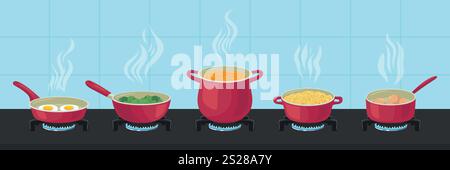 Red Pots And Pans On Gas Stove. Boiling Soup, Frying Eggs, Cooking Vegetables, Pasta, Boiling Eggs. Steam Rising From Cookware, Modern Kitchen Stock Vector