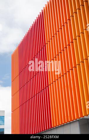 Minimalist style building, decoration with colored lines, modern building architecture in the city, constructions and art in the day Stock Photo