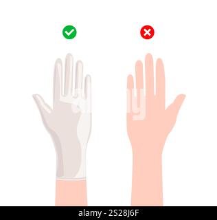 Hangs Right and wrong without wearing gloves cartoon latex white rubber cleaning protective Gloves Fashion accessory clothing technical illustration garment. Vector for Men, women, unisex flat style Stock Vector