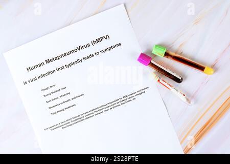 Document outlining human metapneumovirus along with various blood samples for medical testing, analysis during hMPV pandemic Stock Photo