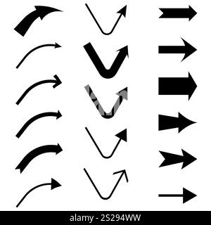 Arrow variations set. Curved and straight forms. Geometric path styles. Minimal vector graphic. Stock Vector