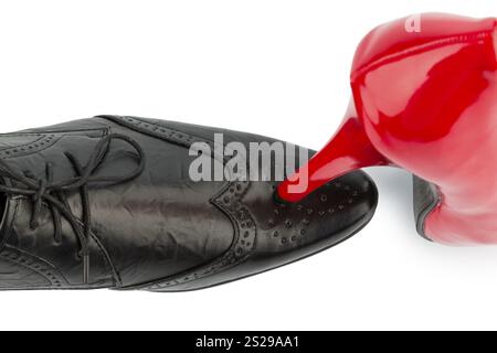 Women's shoe on men's shoe, symbolic photo for separation, divorce and conflict Stock Photo